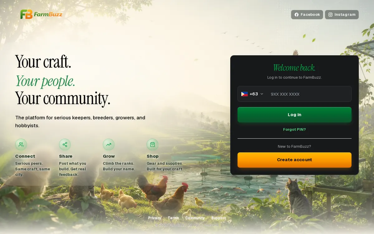 The FarmBuzz front page: chickens and cats on a green farm, beside its log-in form.