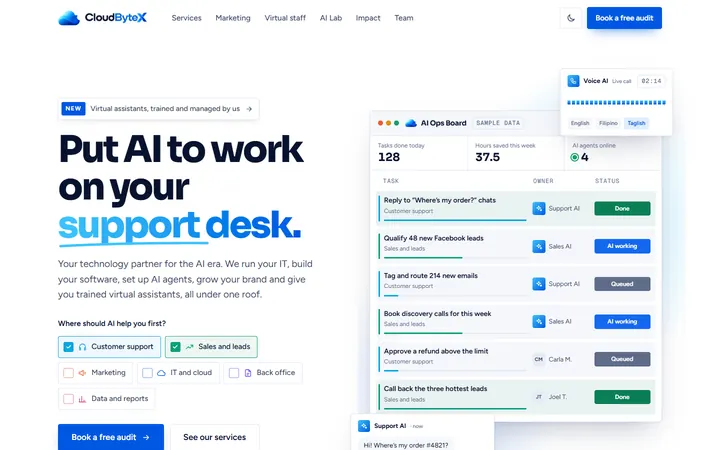 The cloudbytex.com front page: Put AI to work on your support desk.