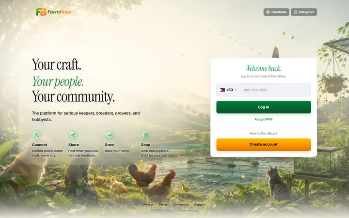 The FarmBuzz front page: animals on a green farm, beside its sign-in form.